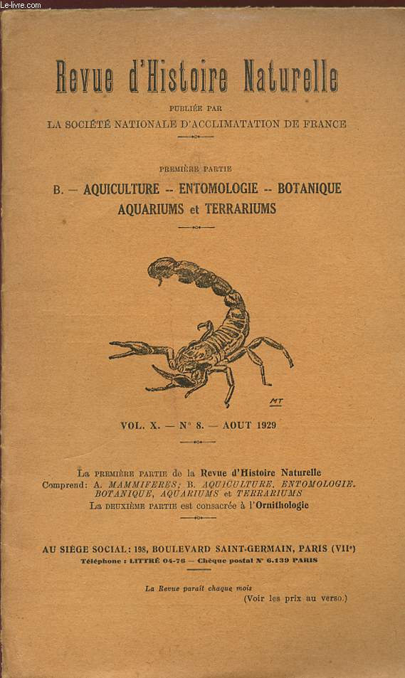 REVUE D'HISTOIRE NATURELLE - Premire partie - Aquiculture, Entomologie, Botanique, Aquariums et terrariums.