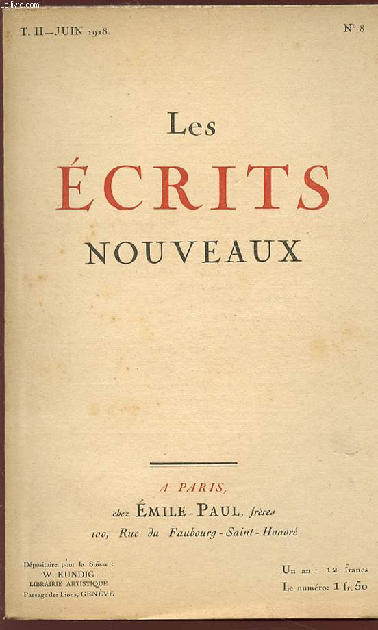 LES ECRITS NOUVEAUX - N 8 - TOME II - JUIN 1918.