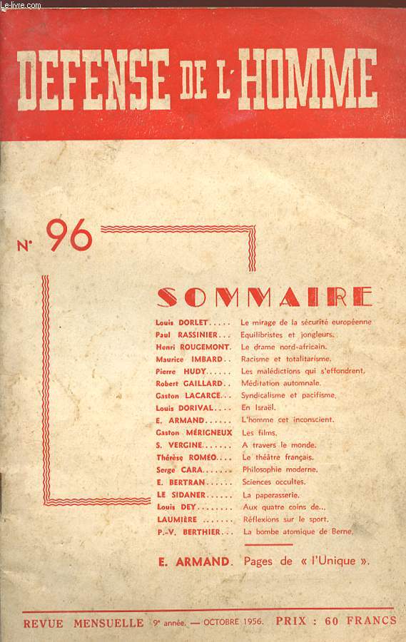 REVUE DEFENSE DE L'HOMME - N 96 - revue mensuelle - Octobre 1956.