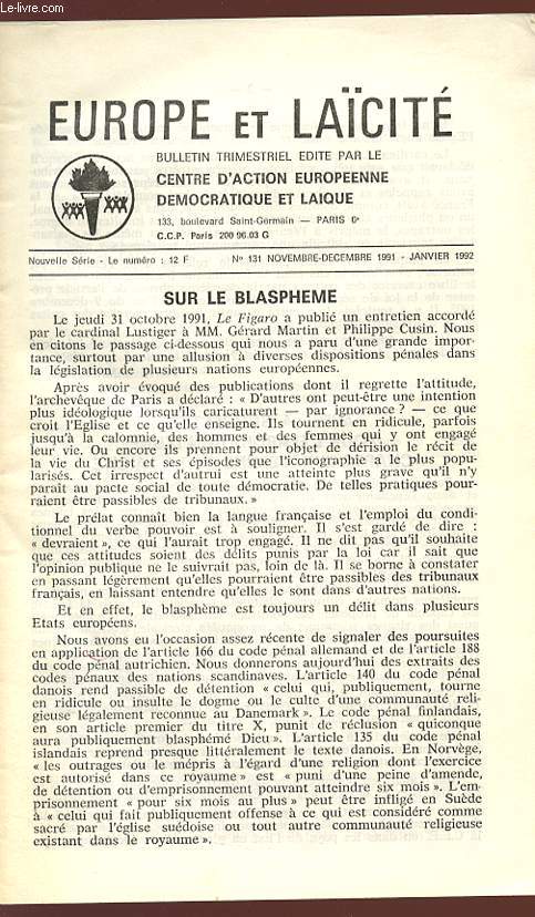 BULLETIN EUROPE ET LACITE - TRIMESTRIEL -N131 - Novembre-Dcembre 1991 - Janvier 1992.