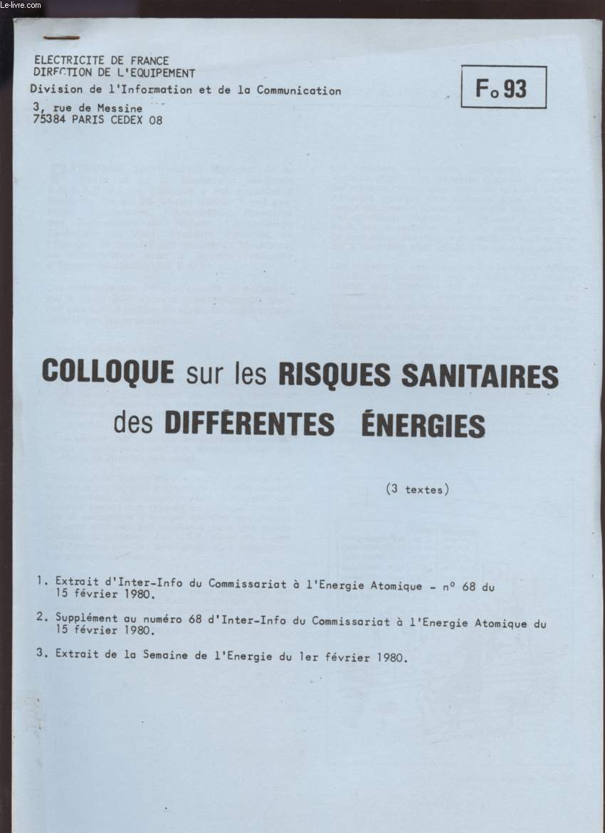 COLLOQUE SUR LES RISQUES QANITAIRES DES DIFFERENTES ENERGIES - F93 - EXTRAIT D