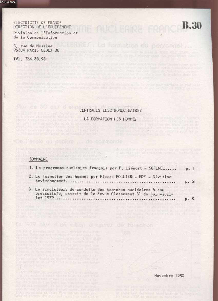 CENTRALES ELECTRONUCLEAIRES - LA FORMATION DES HOMMES - NOVEMBRE 1980 - B30.