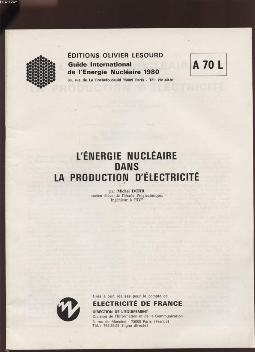 L'ENERGIE NUCLEAIRE DANS LA PRODUCTION D'ELECTRICITE - A70L.