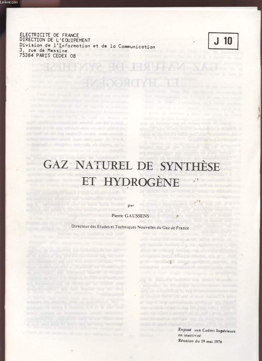 GAZ NATUREL DE SYNTHESE ET HYDROGENE - REUNION DU 19 MAI 1976 - J10.
