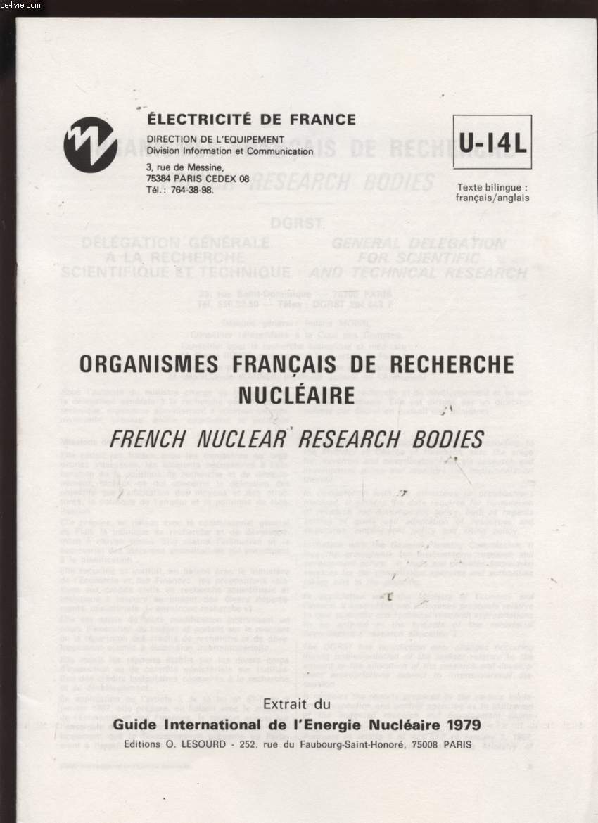 ORGANISMES FRANCAIS DE RECHERCHE NUCLEAIRE - TEXTE BILINGUE FRANCAIS / ANGLAIS - U-14L.