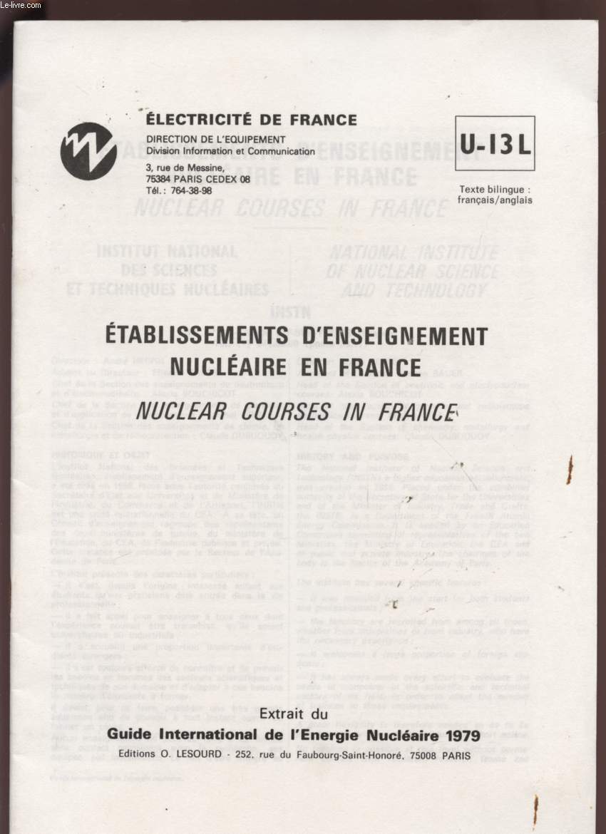 ETABLISSEMENTS D'ENSEIGNEMENT NUCLEAIRE EN FRANCE - TEXTE BILINGUE FRANCAIS / ANGLAIS - U-13L.