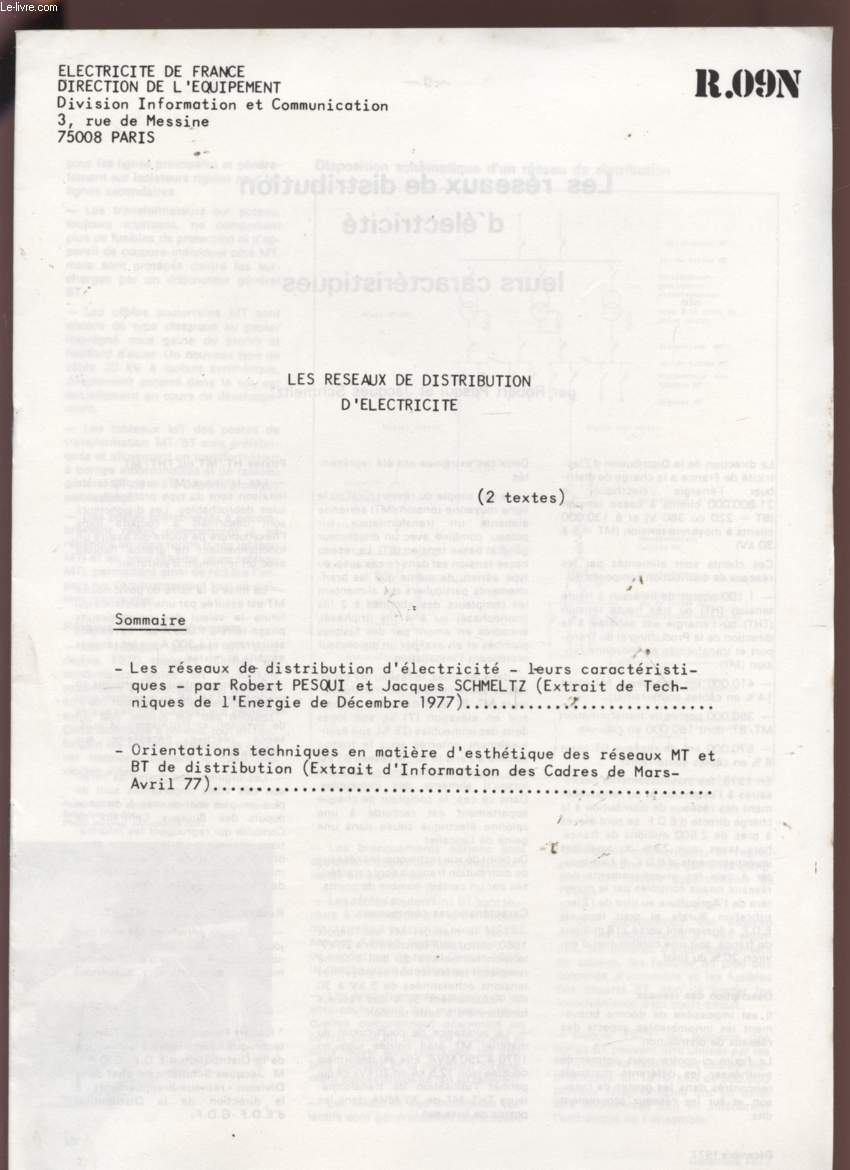 LES RESEAUX DE DISTRIBUTION D'ELECTRICITE - R 09N.