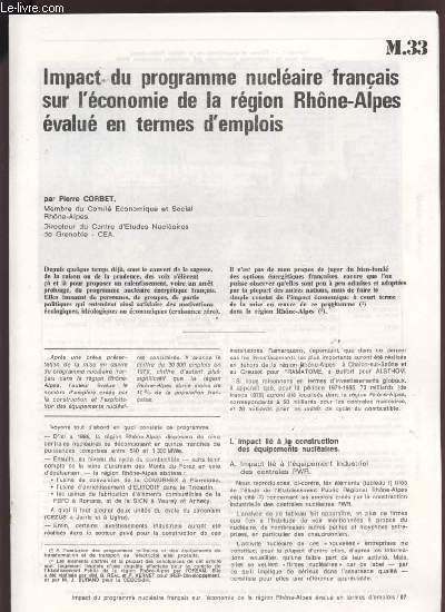 IMPACT DU PROGRAMME NUCLEAIRE FRANCAIS SUR L'ECNONMIE DE LA REGION RHONE-ALPES EVALUES EN TERMES D'EMPLOIS - M33.