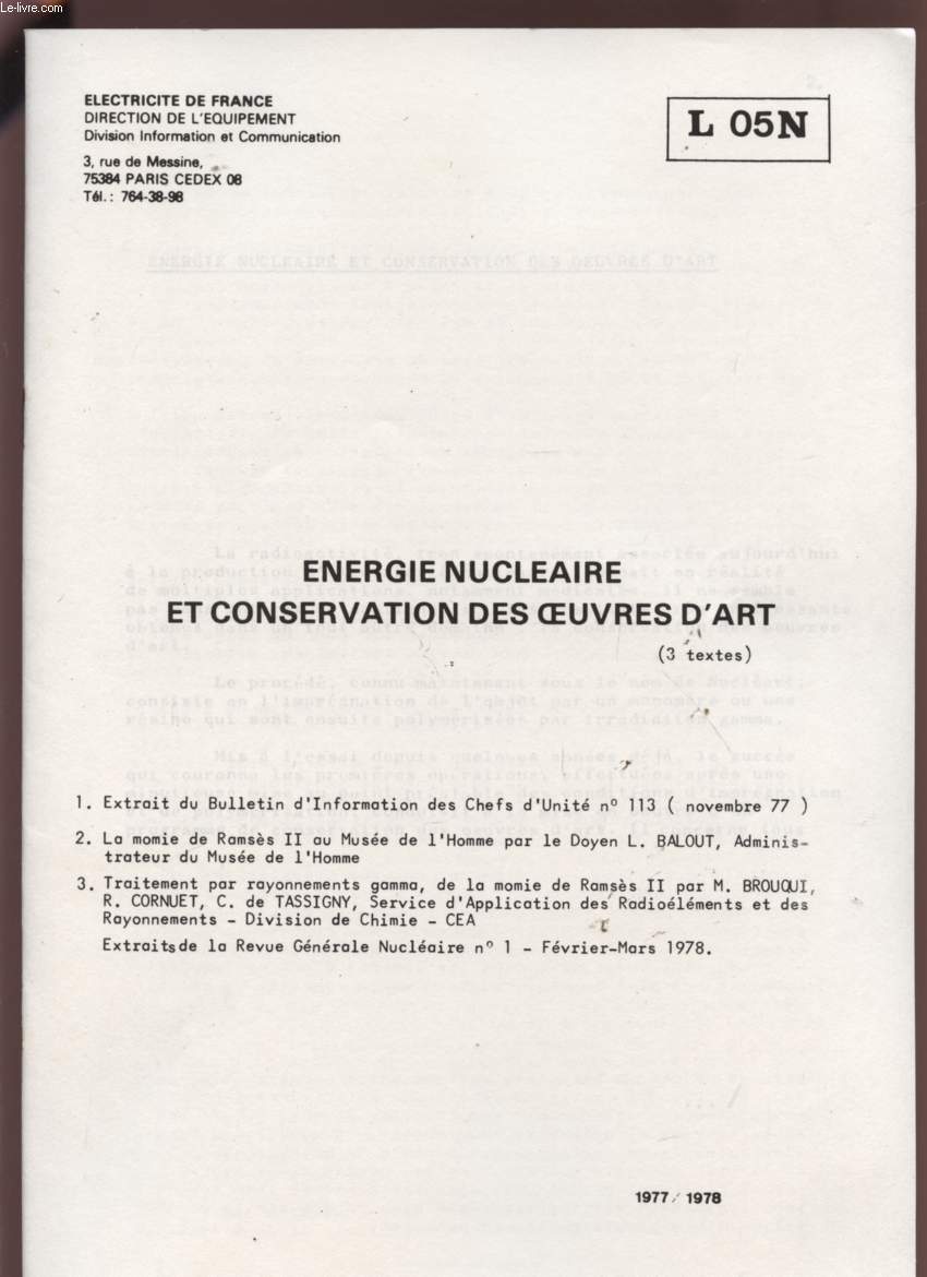 ENERGIE NUCLEAIRE ET CONSERVATION DES OEUVRES D'ART - L05N.