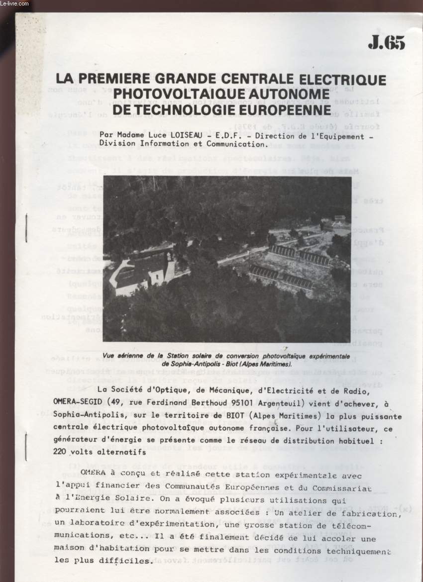 LA PREMIERE GRANDE CENTRALE ELECTRIQUE PHOTOVOTAIQUE AUTONOME DE TECHNOLOGIE EUROPENNE - J65.