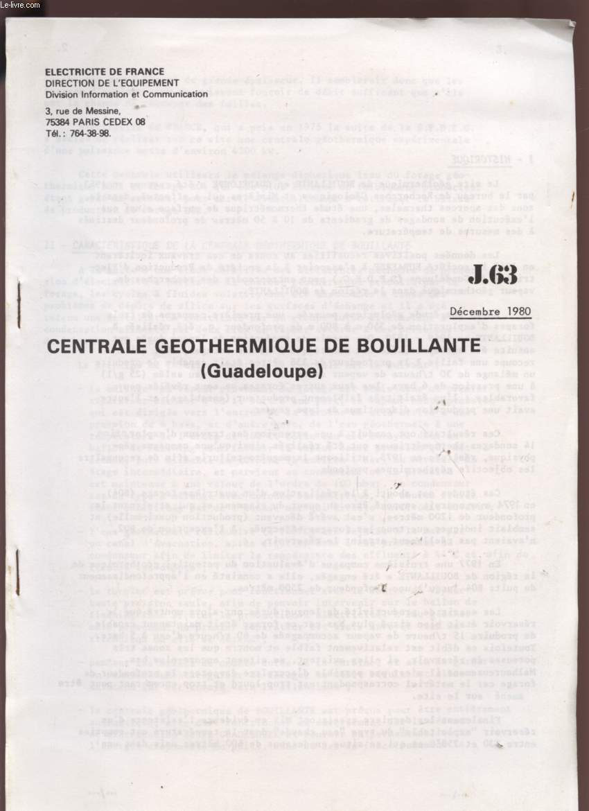 CENTRALE GEOTHERMIQUE DE BOUILLANTE (GUADELOUPE) - DECEMBRE 1980 - J63.
