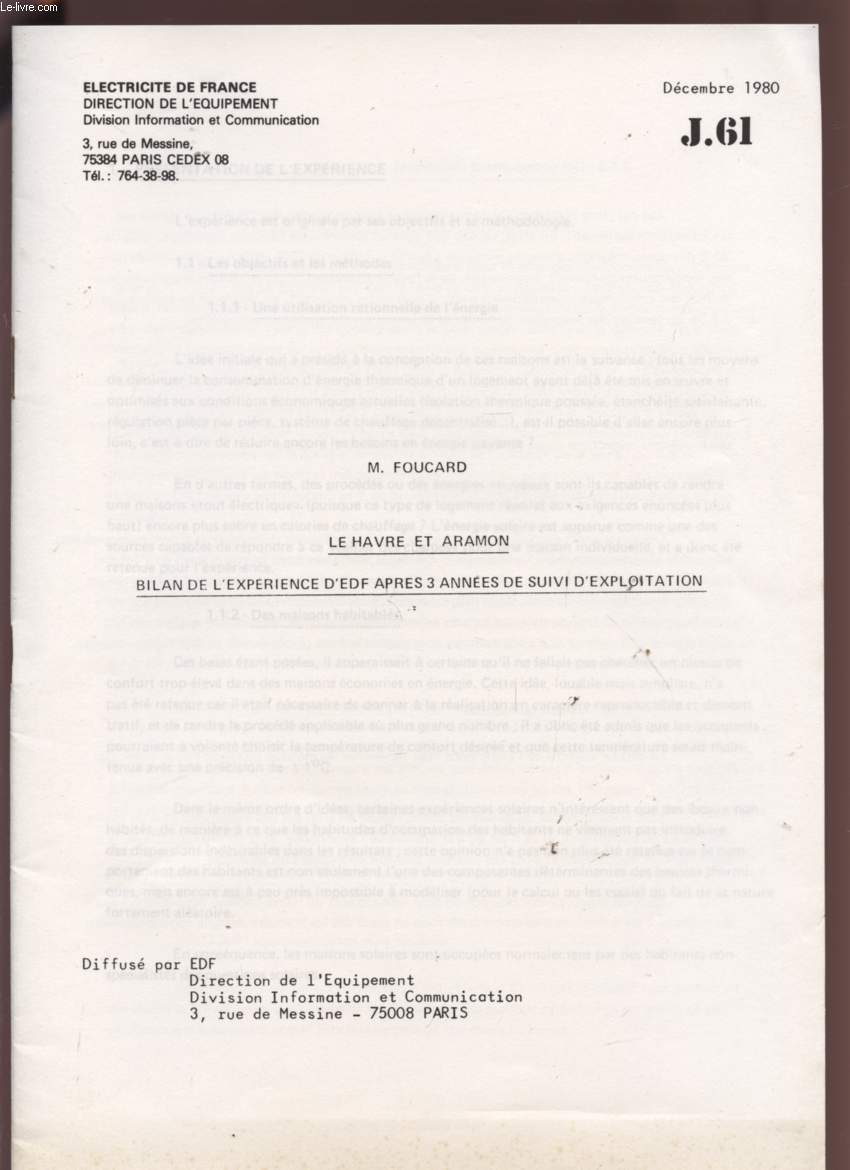 LE HAVRE ET ARAMON - BILAN DE L'EXPERIENCE D'EDF APRES 3 ANNEES DE SUIVI D'EXPLOITATION - DECEMBRE 1980 - J61.