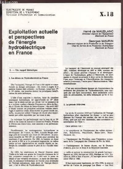 EXPLOITATION ACTUELLE ET PERSPECTIVES DE L'ENERGIE HYDROELECTRIQUE EN FRANCE - X18.
