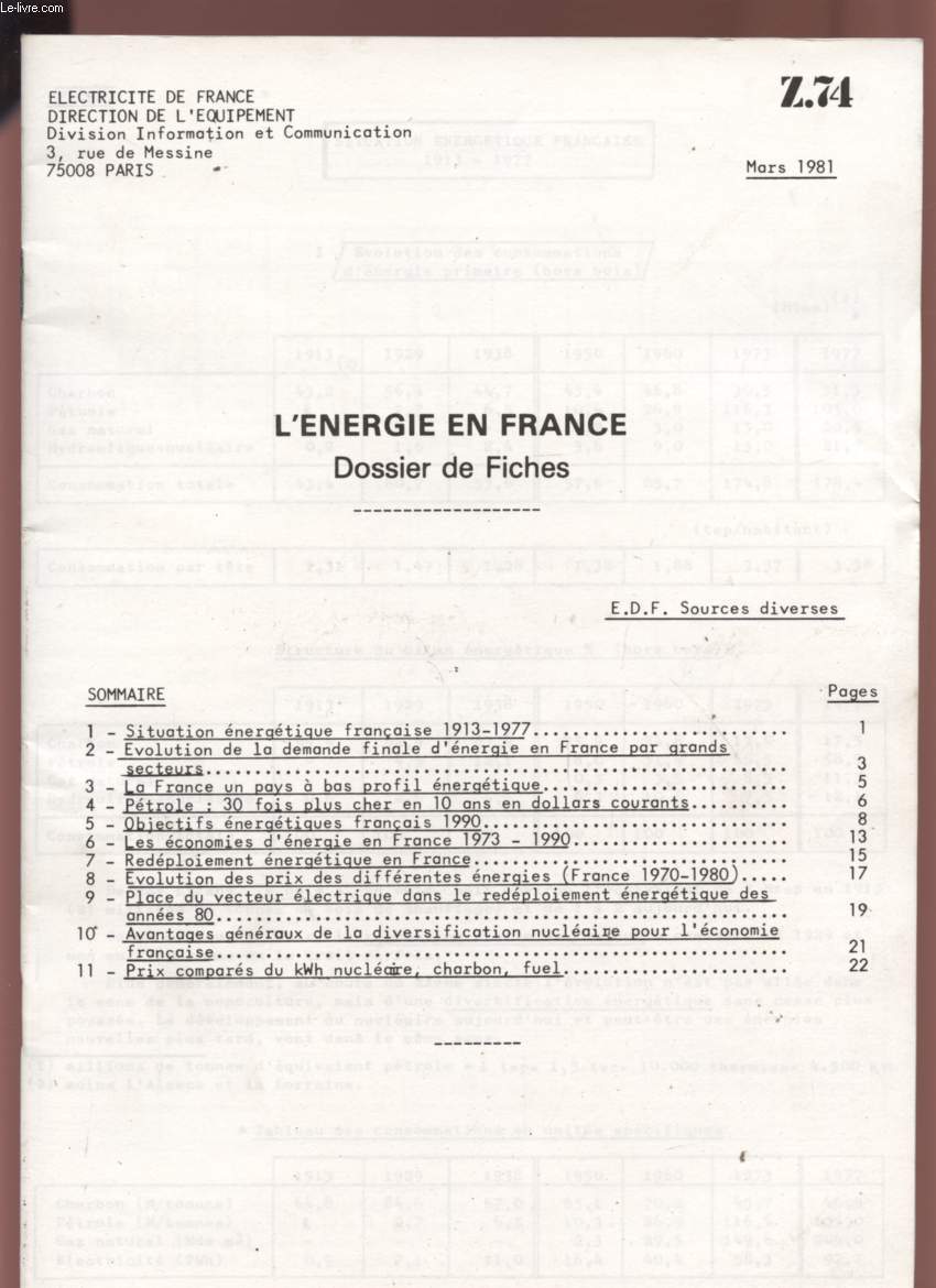 L'ENERGIEDE FRANCE - DOSSIER DE FICHES - MARS 1981 - Z74.