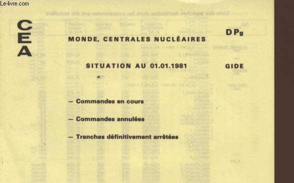 MONDE, LES CENTRALES NUCLEAIRES - SITUATION AU 01.01.1981 - DPg - GIDE - COMMANDES EN COURS - COMMANDES ANNULEES - TRANCHES DEFINITIVEMENT ARRETEES.