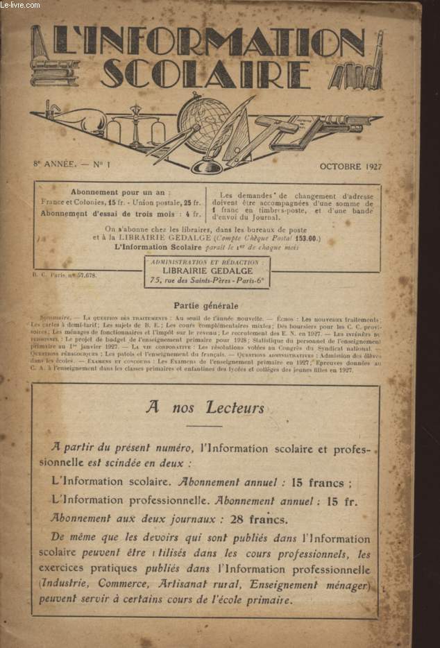 L'INFORAMTION SCOLAIRE - 8 ANNEE - N1 - OCTOBRE 1927.
