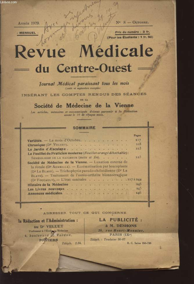 REVUE MEDICALE DU CENTRE-OUEST - ANNEE 1929 - N8 - OCTOBRE.