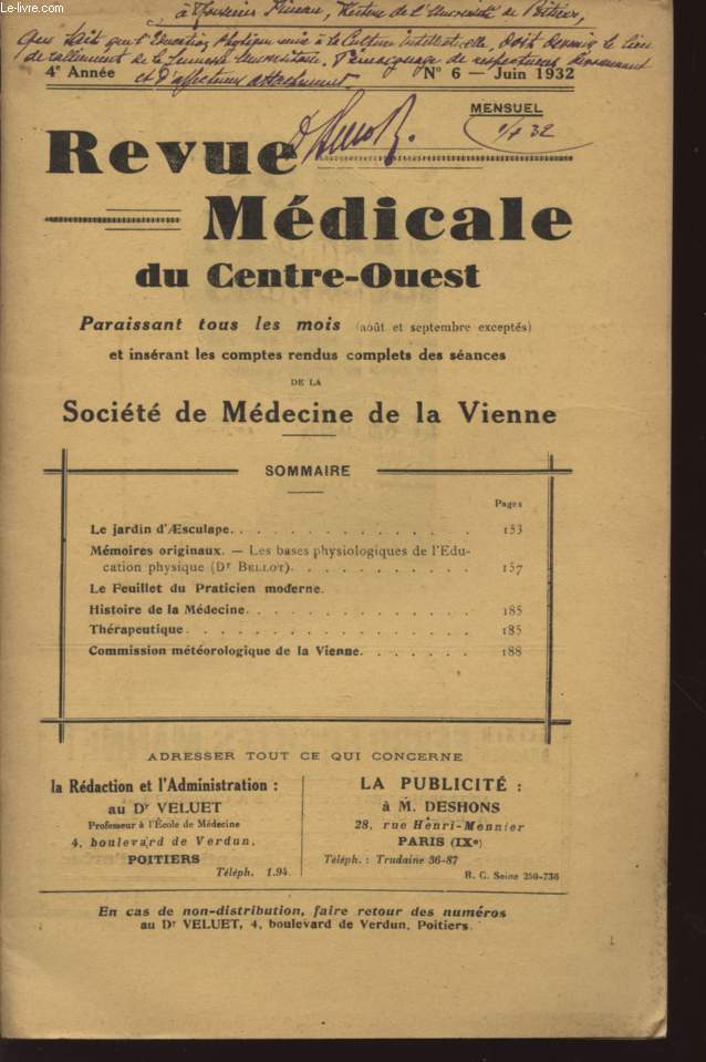 REVUE MEDICALE DU CENTRE-OUEST - ANNEE 1932 - N6 - JUIN.
