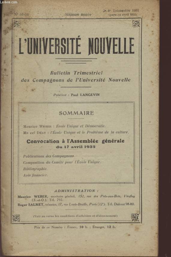 L'UNIVERSITE NOUVELLE - BULLETIN MENSUEL DES COMPAGNONS DE L'UNIVERSITE NOUVELLE - N53 - 54 - SIXIEME ANNEE - 3me et 4eme TRIMESTRES 1931 (PARU EN AVRIL 1932).