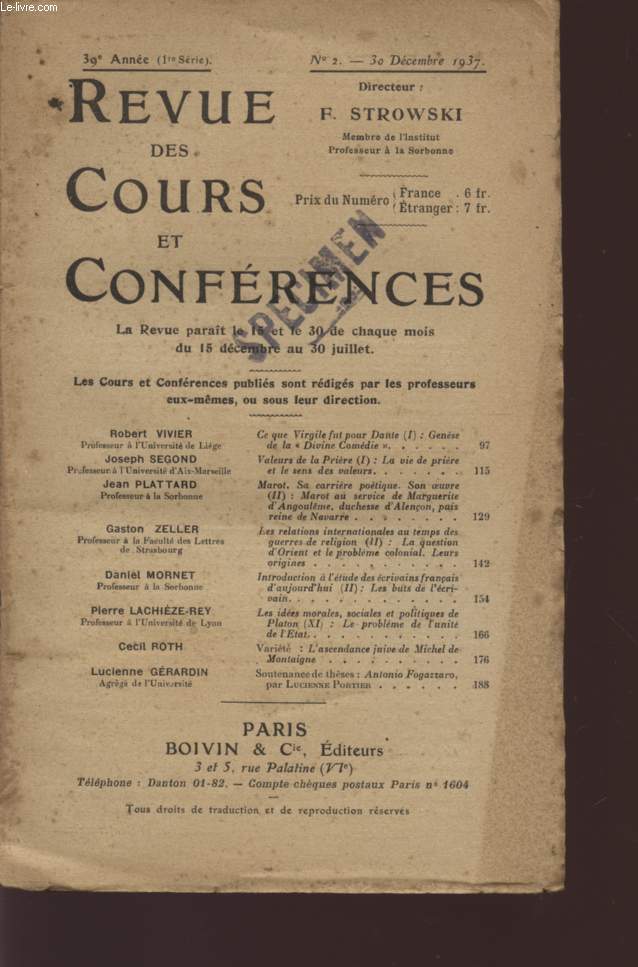 REVUE DES COURS ET CONFERENCES - 39 ANNEE - N2 - DECEMBRE 1937.