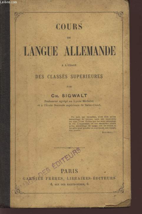 COUR DE LANGUE ALLEMANDE - A L'USAGE DES CLASSES SUPERIEURES.