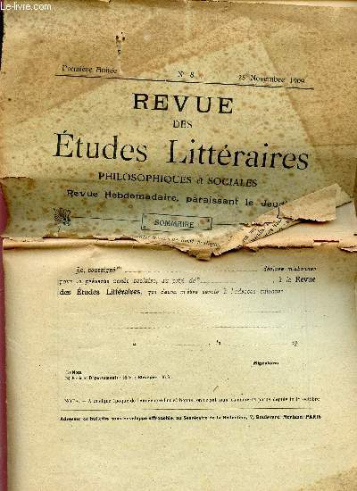 LA REVUE DES ETUDES LITTERAIRES PHILOSOPHIQUES ET SOCIALES / PREMIERE ANNEE - N8 - 25 NOVEMBRE 1909.
