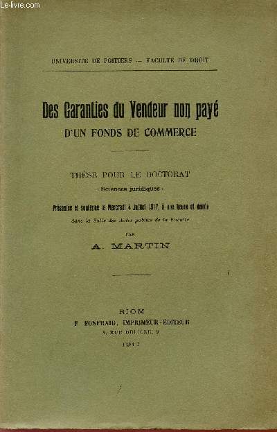 DES GARANTIES DU VENDEUR NON PAYE D'UN FONDS DE COMMERCE / THESE POUR LE DOCTORAT 