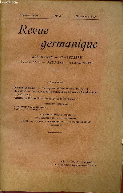 REVUE GERMANIQUE / ALLEMAGNE - ANGLETERRE - ETATS-UNIS - PAYS-BAS - SCANDINAVIE / TROISIEME ANNEE - N3 - MAI-JUIN 1907.