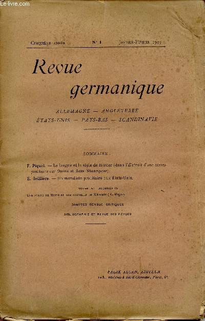 REVUE GERMANIQUE / ALLEMAGNE - ANGLETERRE - ETATS-UNIS - PAYS-BAS - SCANDINAVIE / CINQUIEME ANNEE - N1 - JANVIER-FEVRIER 1909.