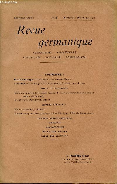 REVUE GERMANIQUE / ALLEMAGNE - ANGLETERRE - ETATS-UNIS - PAYS-BAS - SCANDINAVIE / SEPTIEME ANNEE - N5 - NOVEMBRE-DECEMBRE 1911.