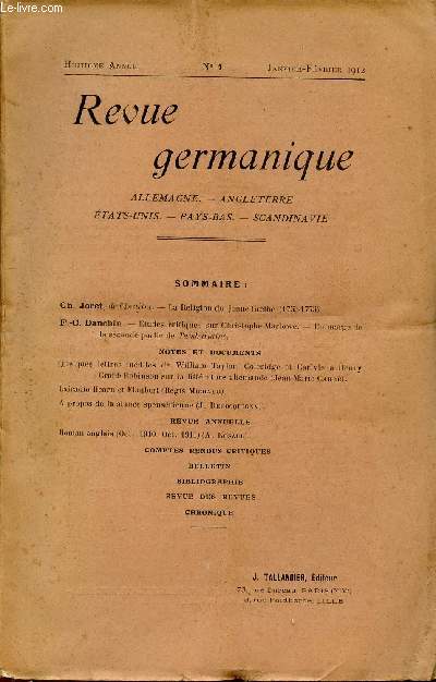 REVUE GERMANIQUE / ALLEMAGNE - ANGLETERRE - ETATS-UNIS - PAYS-BAS - SCANDINAVIE / HUITIEME ANNEE - N1 - JANVIER-FEVRIER 1912.