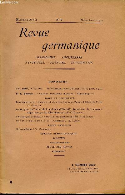 REVUE GERMANIQUE / ALLEMAGNE - ANGLETERRE - ETATS-UNIS - PAYS-BAS - SCANDINAVIE / HUITIEME ANNEE - N2 - MARS-AVRIL 1912.