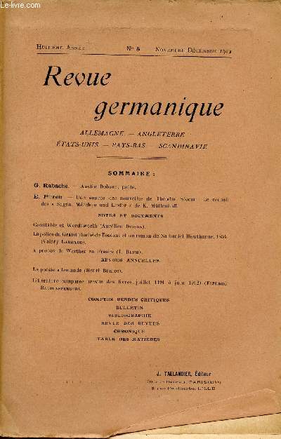 REVUE GERMANIQUE / ALLEMAGNE - ANGLETERRE - ETATS-UNIS - PAYS-BAS - SCANDINAVIE / HUITIEME ANNEE - N5- NOVEMBRE-DECEMBRE 1912
