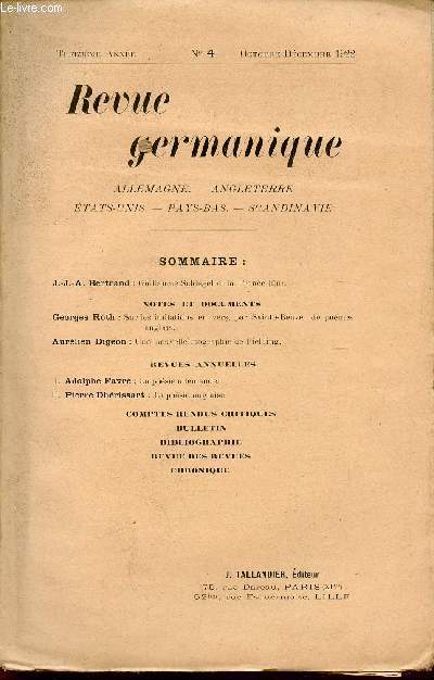 REVUE GERMANIQUE / ALLEMAGNE - ANGLETERRE - ETATS-UNIS - PAYS-BAS - SCANDINAVIE / TREIZIEME ANNEE - N4 - OCTOBRE-DECEMBRE - 1922.