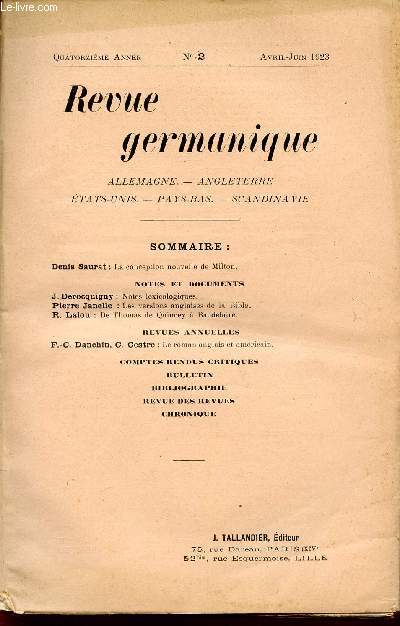 REVUE GERMANIQUE / ALLEMAGNE - ANGLETERRE - ETATS-UNIS - PAYS-BAS - SCANDINAVIE / QUATORZIEME ANNEE - N2 - AVRIL-JUIN - 1923.