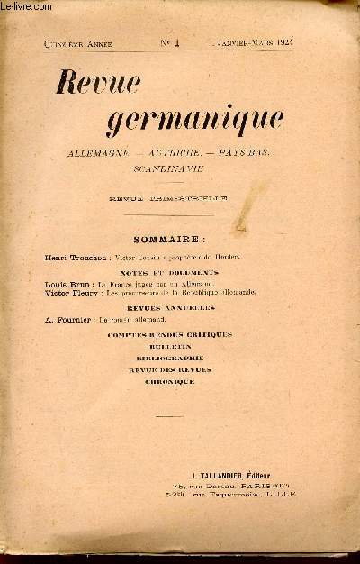 REVUE GERMANIQUE / ALLEMAGNE - ANGLETERRE - ETATS-UNIS - PAYS-BAS - SCANDINAVIE / QUINZIEME ANNEE - N1 - JANVIER-MARS - 1924.