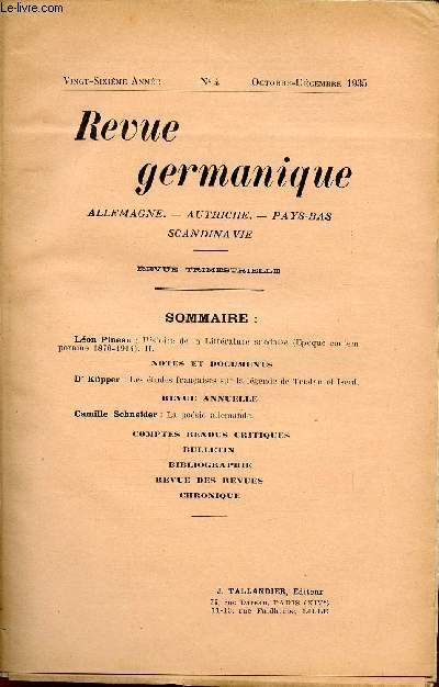 REVUE GERMANIQUE / ALLEMAGNE - ANGLETERRE - ETATS-UNIS - PAYS-BAS - SCANDINAVIE / VINGT-SIXIEME ANNEE - N4 - OCTOBRE-DECEMBRE 1935.