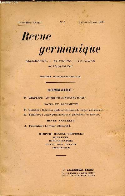 REVUE GERMANIQUE / ALLEMAGNE - ANGLETERRE - ETATS-UNIS - PAYS-BAS - SCANDINAVIE / TRENTIEME ANNEE - N1 - JANVIER-MARS 1939.