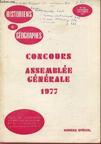 HISTOIRES ET GEOGRAPHES / BULLETIN DE LA SOCIETE DES PROFESSEURS D'HISTOIRE ET DE GEOGRAPHIE DE L'ENSEIGNEMENT PUBLIC / NUMERO SPECIAL - N266 - NOVEMBRE-DECEMBRE 1977.