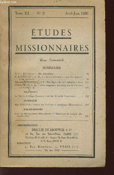 ETUDES MISSIONNAIRES / TOME III - N2 - AVRIL-JUIN 1935.