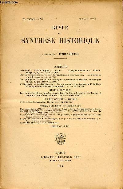 REVUE DE SYNTHESE HISTORIQUE / TOME XIX-2 (N56) - OCTOBRE 1909.