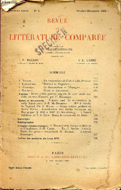 REVUE DE LITTERATURE COMPAREE / SEIZIEME ANNEE - N4 - OCTOBRE-DECEMBRE 1936.