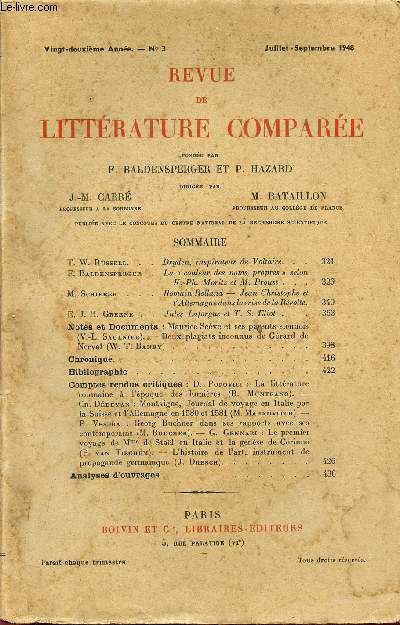REVUE DE LITTERATURE COMPAREE / 22 ANNEE - N3 - JUILLET-SEPTEMBRE 1948.