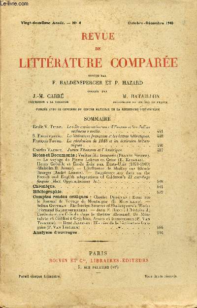 REVUE DE LITTERATURE COMPAREE / 22 ANNEE - N4 - OCTOBRE-DECEMBRE 1948.