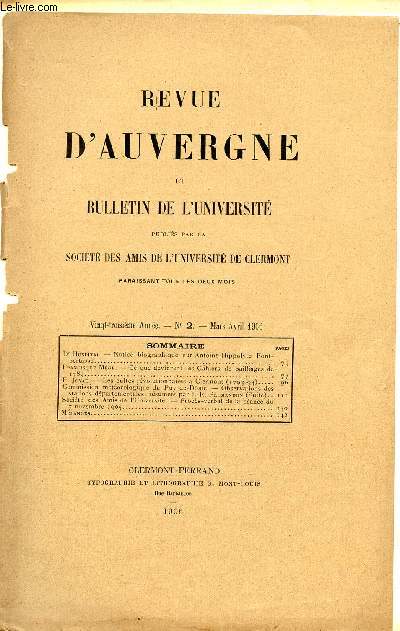 REVUE D'AUVERGNE ET BULLETIN DE L'UNIVERSITE / 23 ANNEE - N2 - MARS-AVRIL 1966.