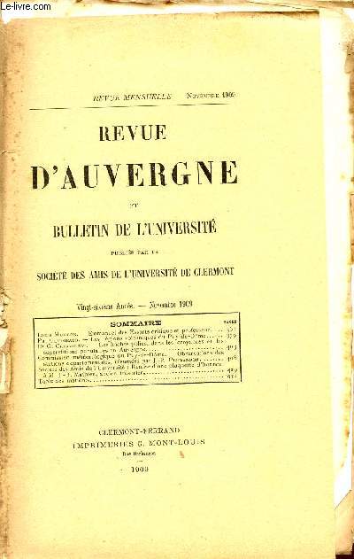 REVUE D'AUVERGNE ET BULLETIN DE L'UNIVERSITE / 26 ANNEE - NOVEMBRE 1909.