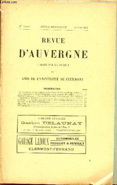 REVUE D'AUVERGNE ET BULLETIN DE L'UNIVERSITE / 27 ANNEE - JANVIER 1910.