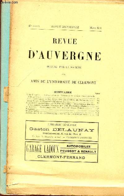 REVUE D'AUVERGNE ET BULLETIN DE L'UNIVERSITE / 27 ANNEE - MARS 1910.