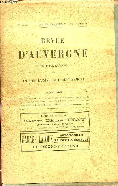 REVUE D'AUVERGNE ET BULLETIN DE L'UNIVERSITE / 27 ANNEE - SEPTEMBRE 1910.