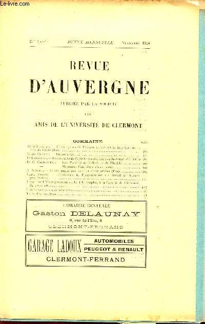REVUE D'AUVERGNE ET BULLETIN DE L'UNIVERSITE / 27 ANNEE - NOVEMBRE 1910.
